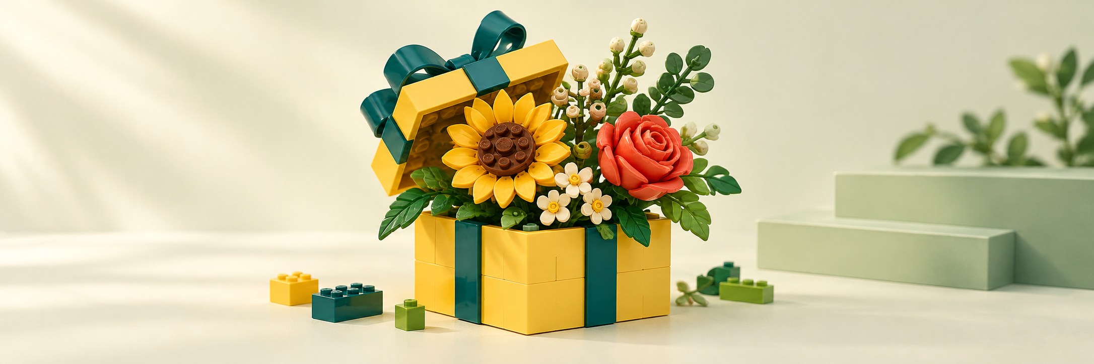 Illustration d’un coffret cadeau avec des fleurs en briques de construction