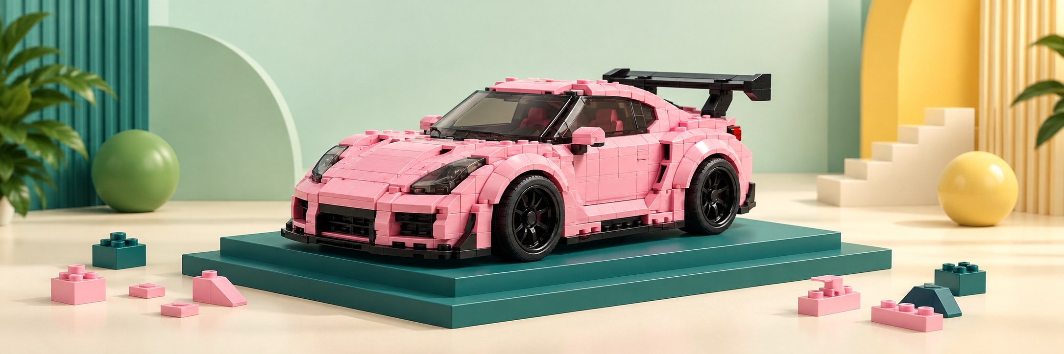 Illustration d’une voiture de sport rose en briques de construction